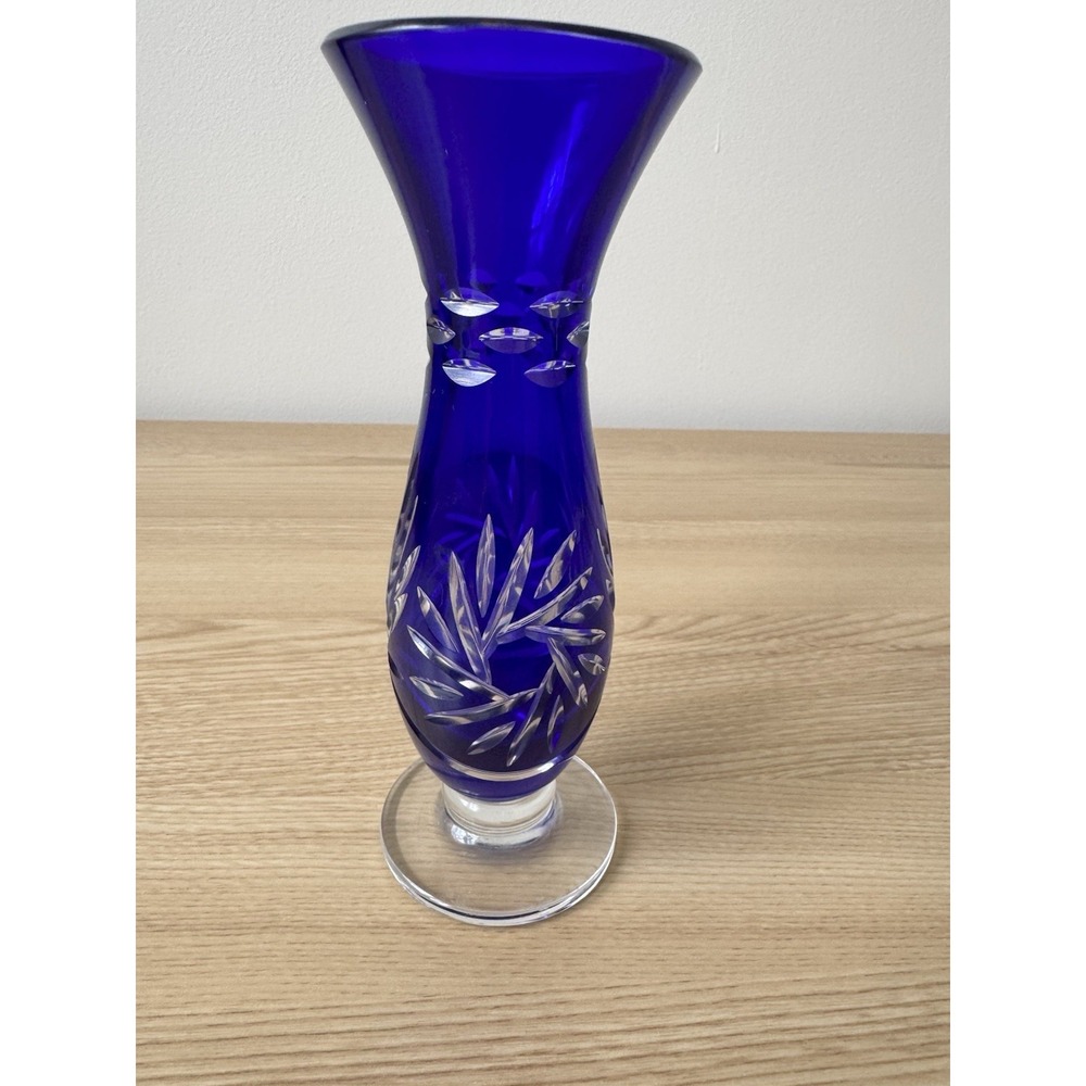Vintage Cobalt Blue Cut To Clear Glass Bud Vase Floral Etched Footed 6"
